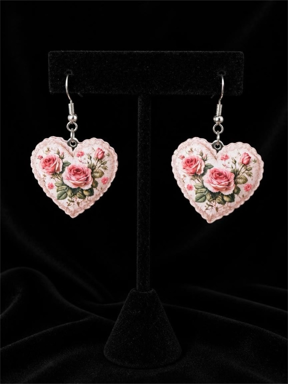 Vintage-Inspired Pink Rose Heart Drop Earrings in Acrylic